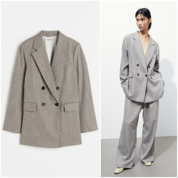 Taupe Herringbone Patterned Double Breasted Blazer | Poshmark