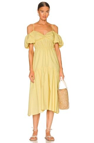 Vince Draped Puff Sleeve Tiered Dress in Warm Sand from Revolve.com | Revolve Clothing (Global)