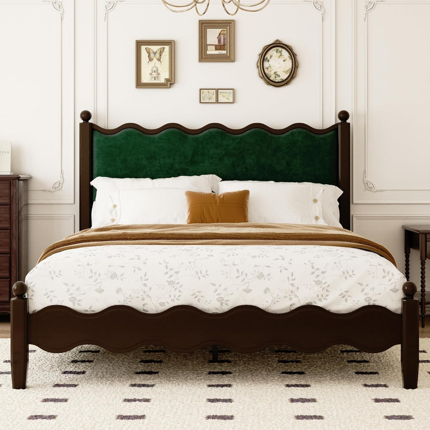 Wood Bed Frame Queen with Vintage Wave Headboard, 48" Tall Velvet Upholstered Bed Frame, Mattress... | Amazon (US)
