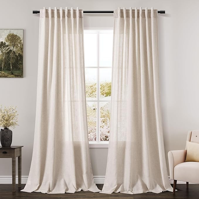 Beige Flax Linen Curtains 84 inches Long for Living Room 2 Panel Tan Burlap Textured Drapes Semi ... | Amazon (US)