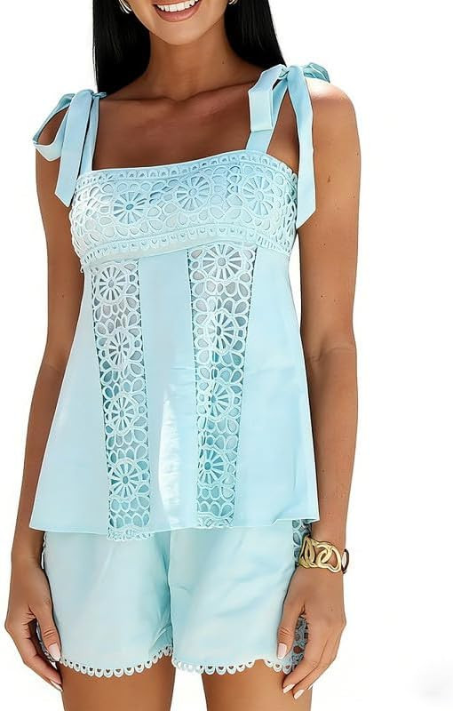 ROAONOCOMO Women 2 Piece Pajama Set Tie Shoulder Peplum Cami Top Ruffle Coquette Pj Set Floral Ba... | Amazon (US)