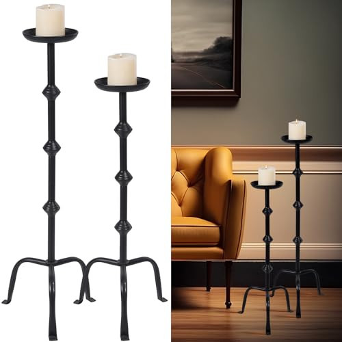 Mumufy 2 Pcs 32 Inch 27 Inch Metal Candlestick Floor Pillar Candleholder Elegant Tall Candleholder Metal Candelabra Candlesticks Holder for Formal Events Wedding Church Holiday Decor (Black) | Amazon (US)