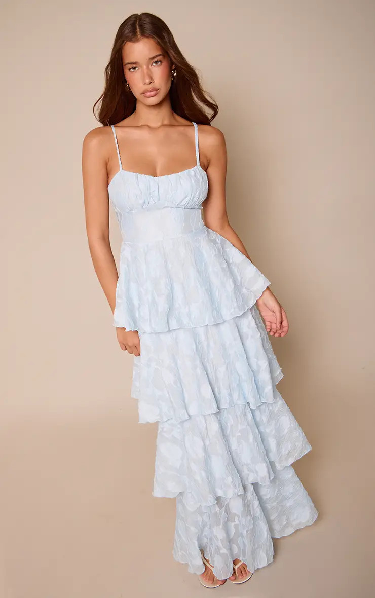 Baby Blue Textured Tiered Maxi Dress | PrettyLittleThing US