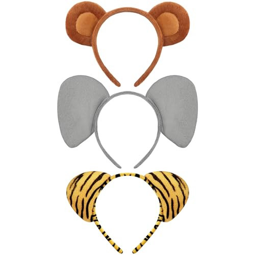 Cindeer 3 Pcs Halloween Ear Costume Headband Zoo Jungle Safari Plush Ear Hair Hoop for Halloween Adult Animal Cosplay Party(Monkey, Elephant, Tiger) | Amazon (US)