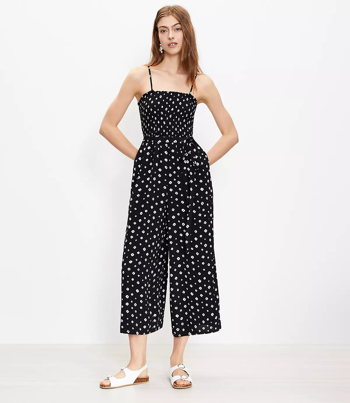 Diamond Smocked Strappy Jumpsuit | LOFT