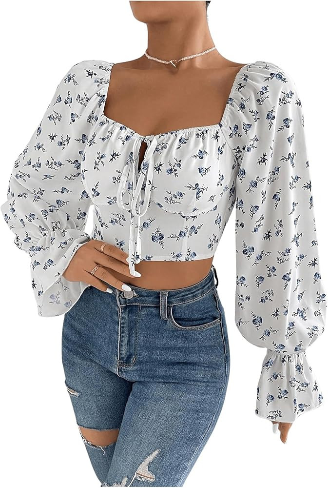 Floerns Women's Floral Print Bishop Long Sleeve Tie Front Boho Blouse Crop Top | Amazon (US)