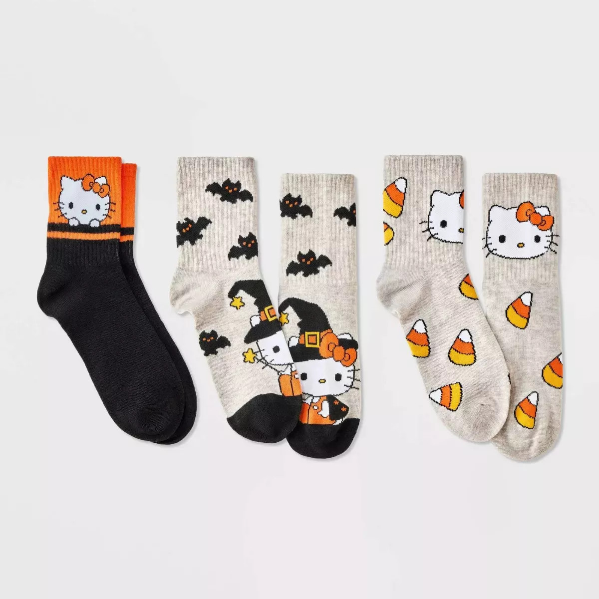 Women's Hello Kitty Halloween 3pk Mid Crews Socks - Oatmeal Heather/Black/Orange | Target