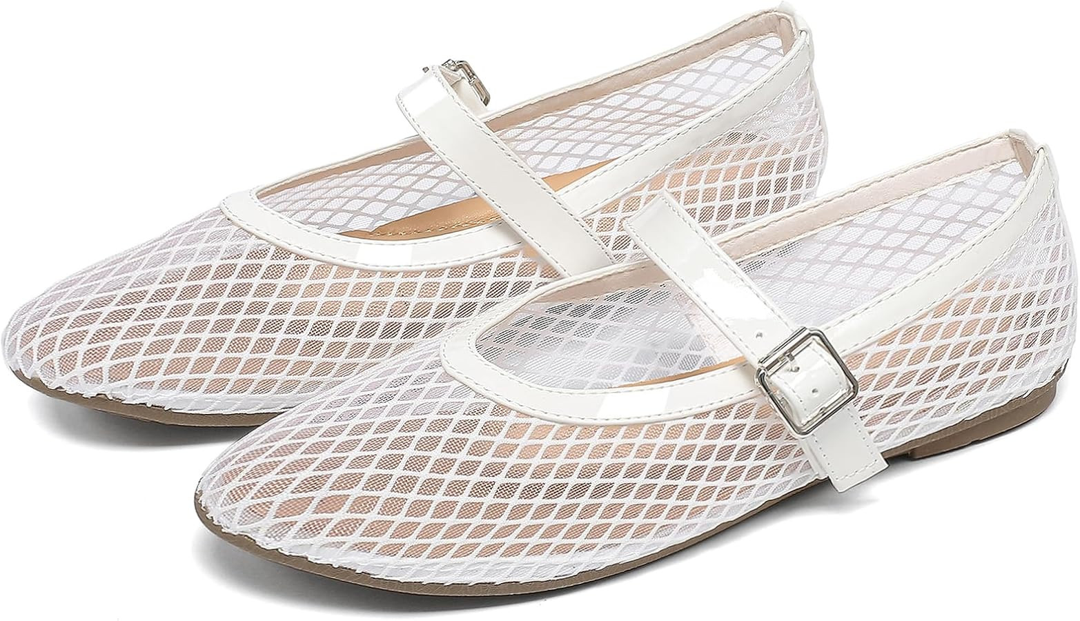 Women's Mesh Ballet Flats Round Toe Fishnet Ballerina Flats Buckle Strap Mary Jane Ballet Flats f... | Amazon (US)
