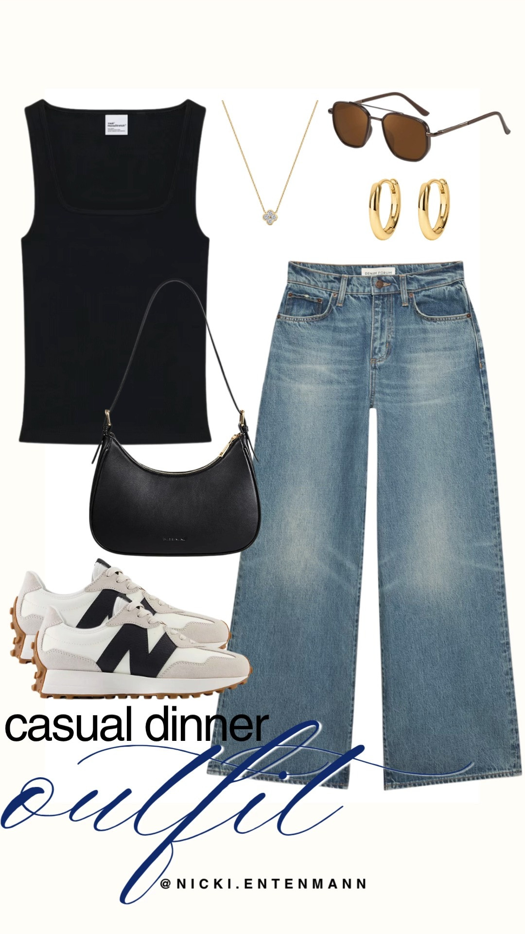 Elevate your evening look with this chic casual dinner outfit. A fitted black square neck tank, wide leg denim, and neutral sneakers pair seamlessly with a sleek shoulder bag, tinted sunglasses, and delicate gold jewelry. #casualdinner #dinneroutfit #streetstyle #everydayfashion #capsulewardrobe #outfitinspiration #nightoutstyle #shoppinghaul #stylefinds #modernliving 👖👜✨ 

 #LTKdayinmylife #LTKootd #LTKSaleAlert