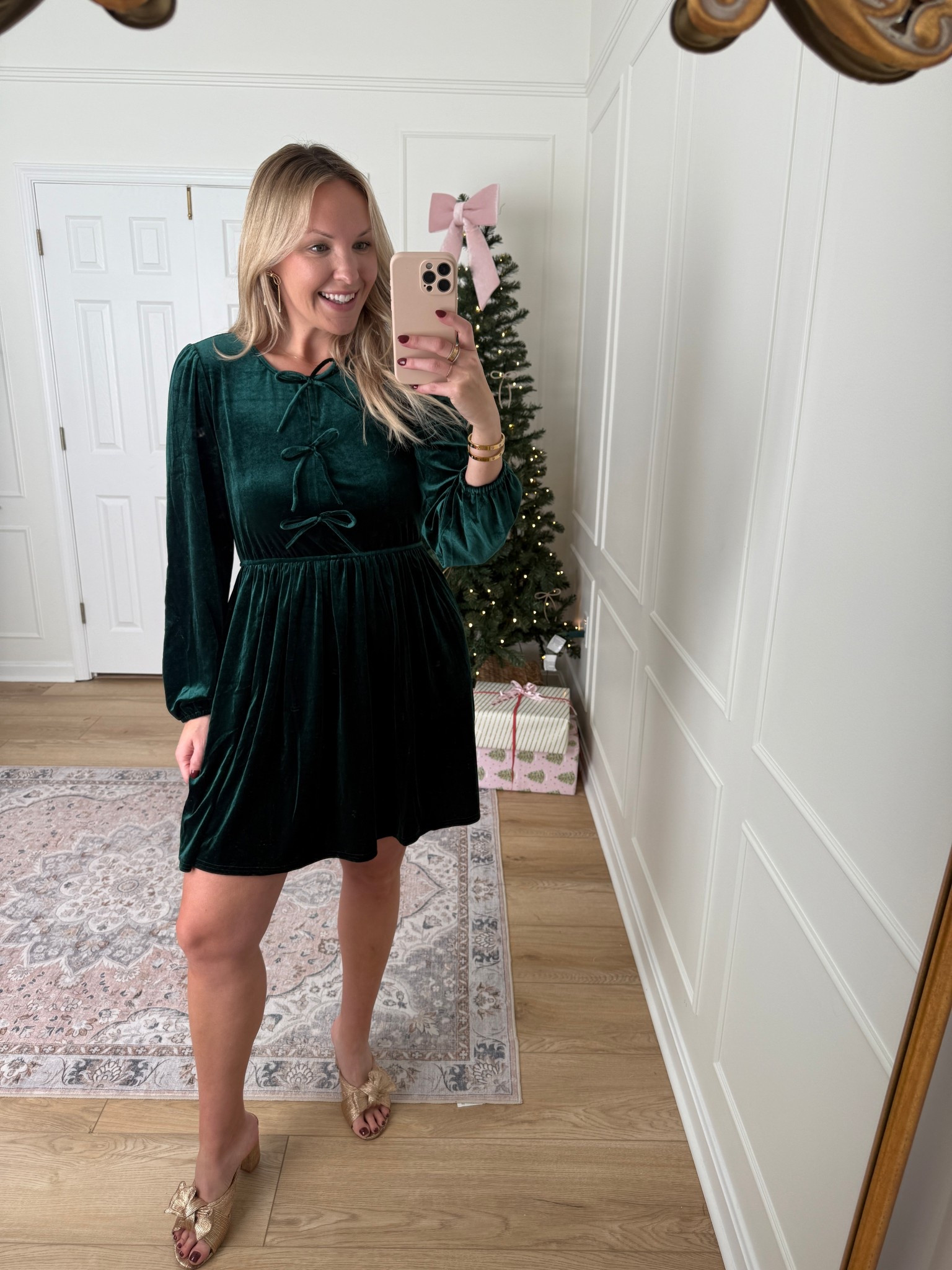 Velvet bow mini dress - comes in other colors too! Wearing a med 

#LTKMidsize #LTKSeasonal #LTKHoliday