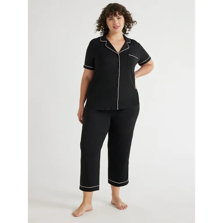 Joyspun Women's Knit Short Sleeve Notch Collar Top and Capri Pajama Set, 2-Piece, Sizes S to 3X -... | Walmart (US)