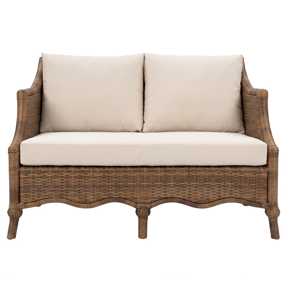 Clara Coastal Beach Brown Rattan Outdoor Sofa - 53" | Kathy Kuo Home