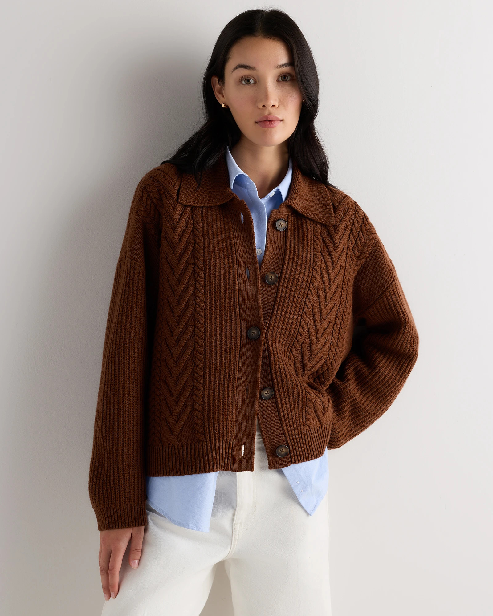 Quince | Women's Australian Merino Wool Collared Cardigan Sweater in Heather Bone, Size Large | Quince