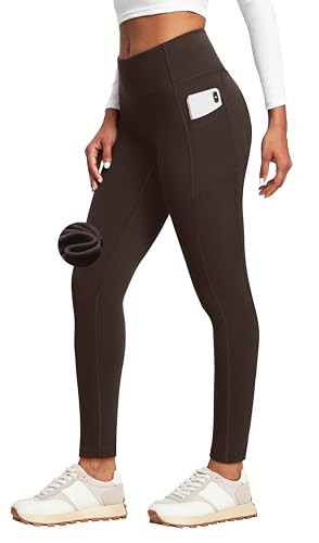 Heathyoga Women's Espresso Brown High Waisted Yoga Pants with Pockets, Warm Fleece Lined Leggings, Small | Amazon (US)