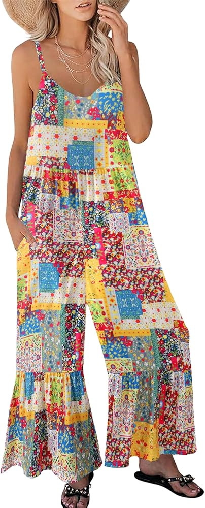 Himosyber Women's Summer Boho Jumpsuits Casual Wide Leg Bib Overalls Floral Print Rompers with Po... | Amazon (US)