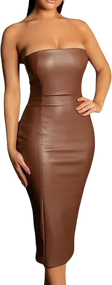 CORIRESHA Women's Sexy Strapless Faux Leather Bodycon Tube Top Midi Dress for Club Party | Amazon (US)