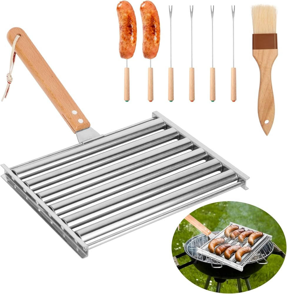 Hot Dog Roller Grill with Long Wood Handle & 6PCS BBQ Skewers 1PCS Sauce Brush, Outdoor Camping B... | Amazon (US)