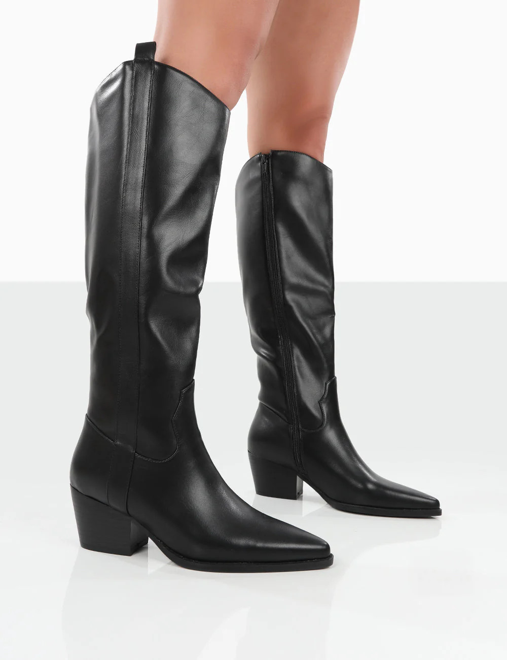 Texas Black PU Knee High Pointed Toe Heeled Western Cowboy Boots | Public Desire (US & CA)