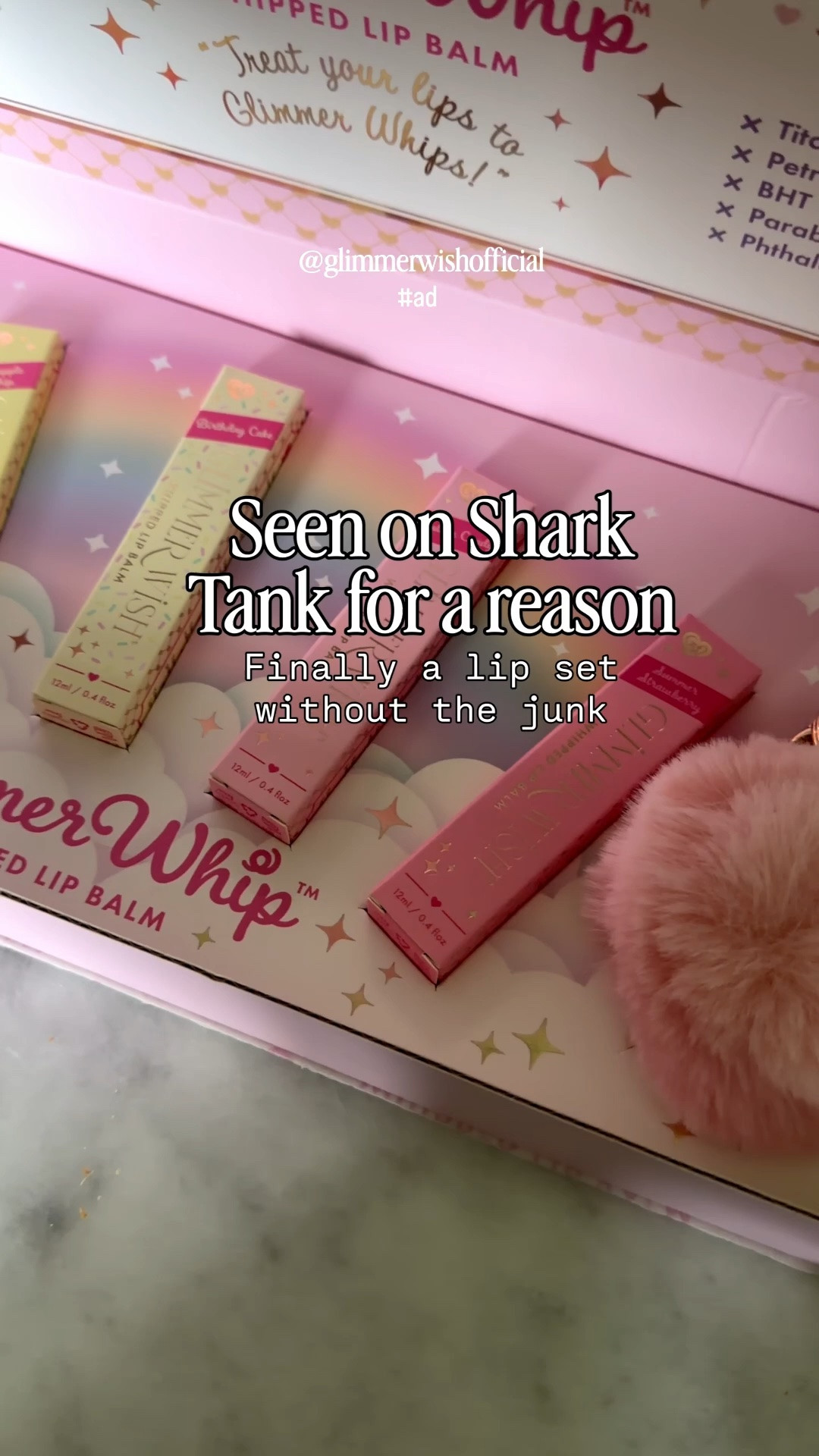 @Glimmer Wish  as seen on Shark Tank. These whipped lip balms are the best. The flavors are insane too will be such a fun gift because it comes with that little keychain. Made of clean ingredients, birthday gift idea.