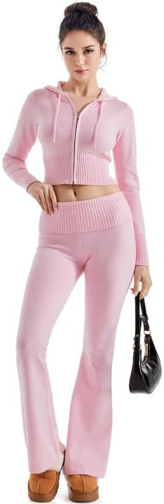 SUUKSESS Women 2 Piece Knit Sets Cropped Zip Up Hoodie Foldover Flare Leg Pants | Amazon (US)