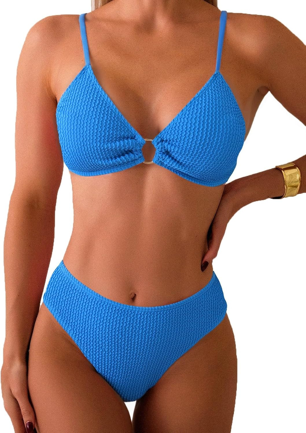 Women's Ribbed Triangle Bikini Sets O Ring Linked Two Piece Swimsuit Textured Cheeky Swim Bathing Suit | Amazon (US)