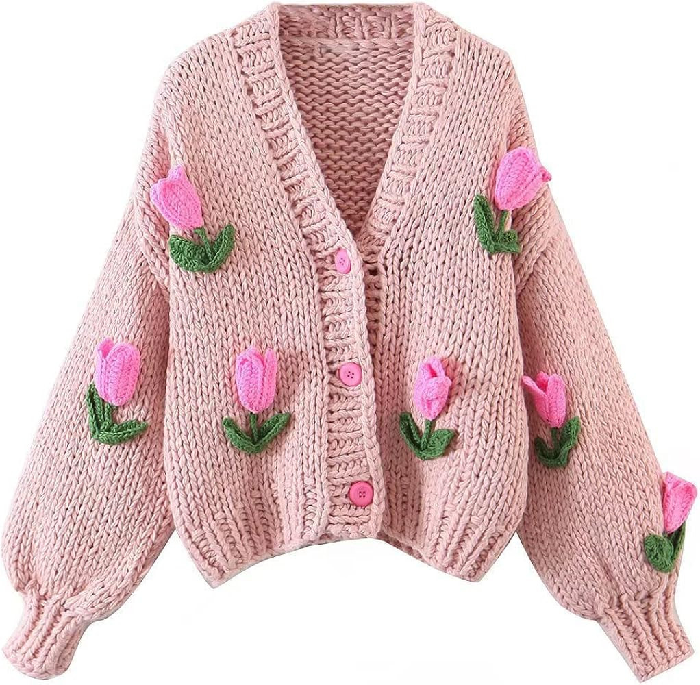 Knitted Cardigans for Women Hand Made 3D Floral Cardigan Lantern Long Sleeve Cropped Sweater Tops... | Amazon (US)