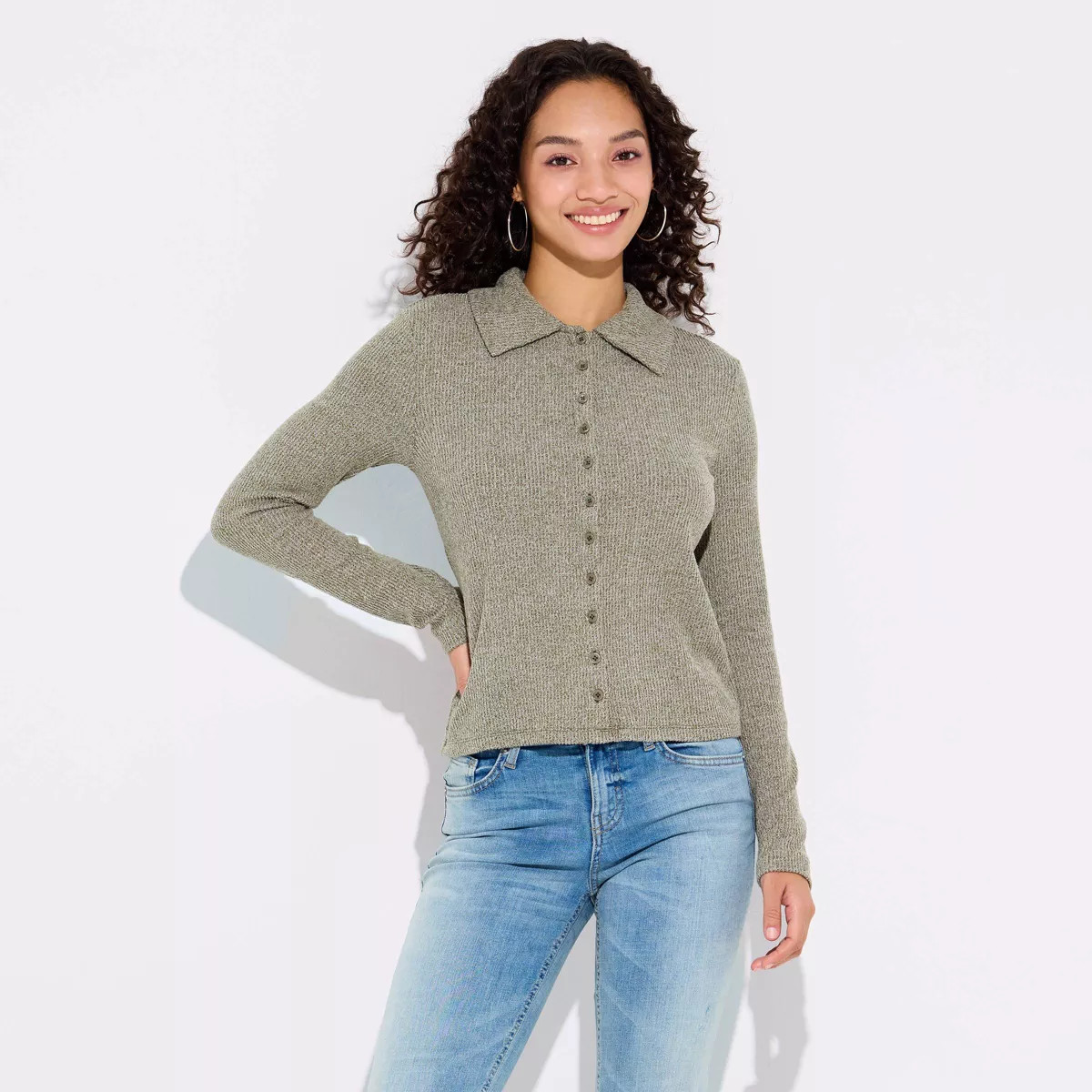 Women's Long Sleeve Collared Button-Front Rib-Knit Top - Wild Fable\u2122 Green M | Target