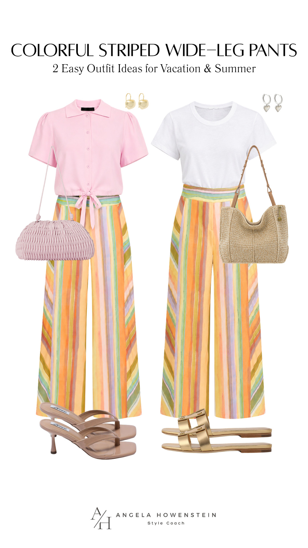 These colorful striped wide-leg pants are such a fun statement piece! I styled them two ways, dress them up with a feminine pink tie-front blouse and heels or keep them casual with a classic white tee and sandals. One pair, so many ways to wear it.

👩‍💻 LTK PRO TIPS
❤️ Heart = Support my posts ;-)
🔖 Save = Get sale & restock alerts for the things you love!
📋 Lists = Keep favorites organized (List ideas: Christmas, Birthdays, and Vacations!)
📲 Share = Send lists and products to a friend (or your daughters like me).
💬 Comment = Ask me anything, and I’ll answer. ;-) 

 #LTKootd #LTKOver40 #LTKTravel