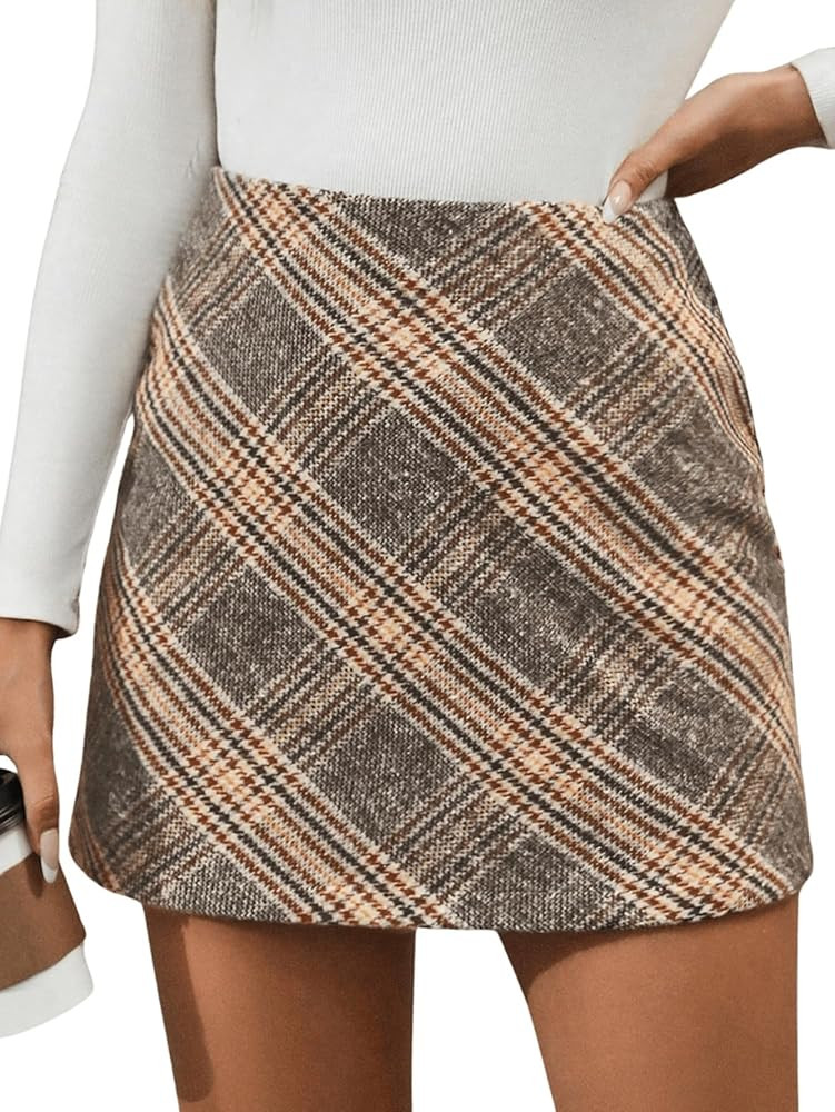 MakeMeChic Women's Plaid Mini Skirt High Waist Pencil Bodycon Short Fall Skirts | Amazon (US)