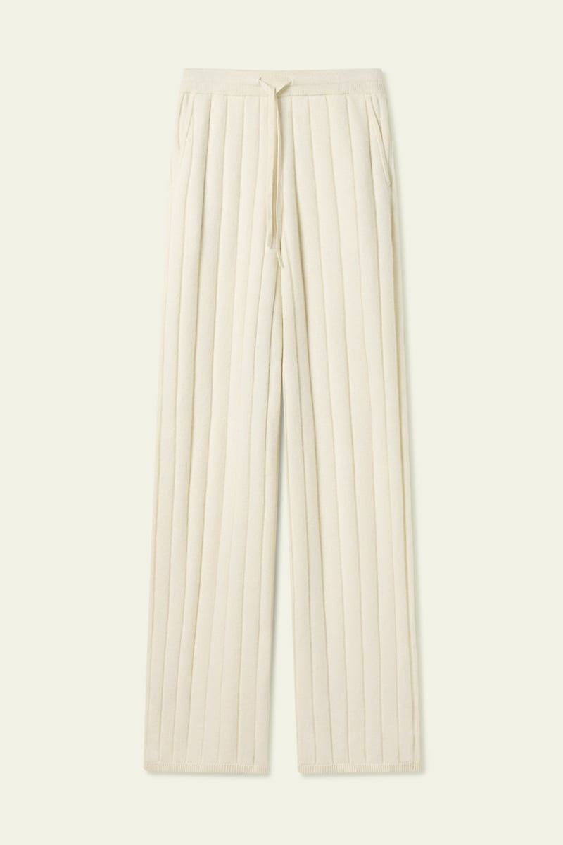 LILYSILK Women's Soft Mongolian Cashmere Ribbed Wide-Leg Pants White XS | LILYSILK