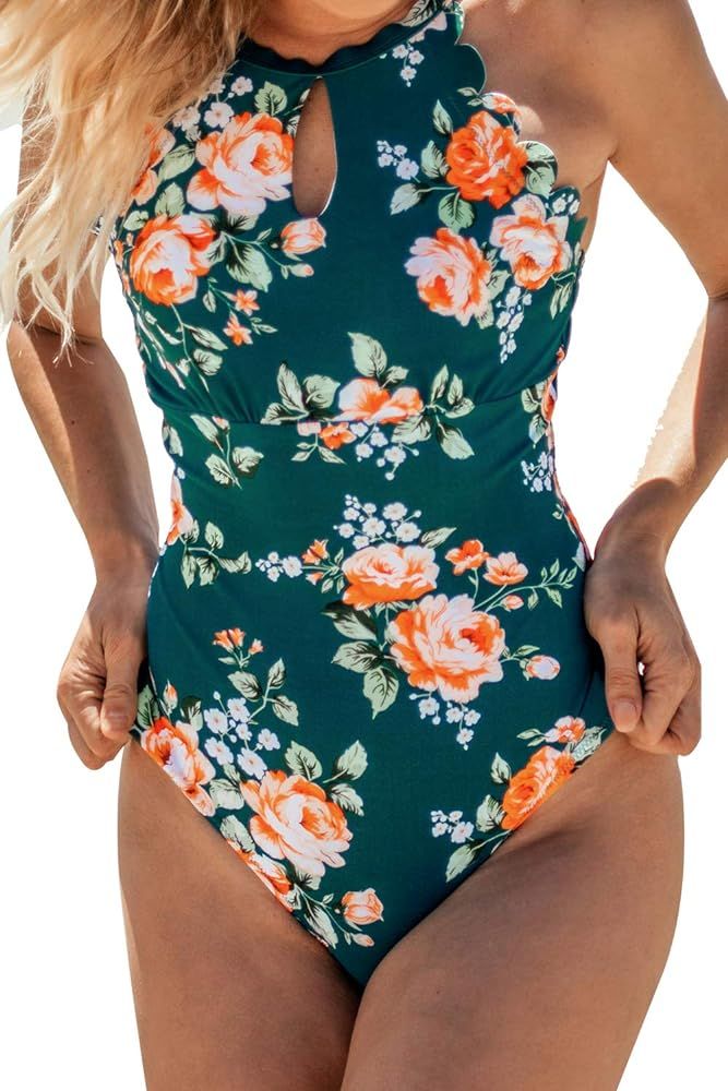 Women's Teal Floral Scalloped One Piece Swimsuit Padded Bikini | Amazon (US)