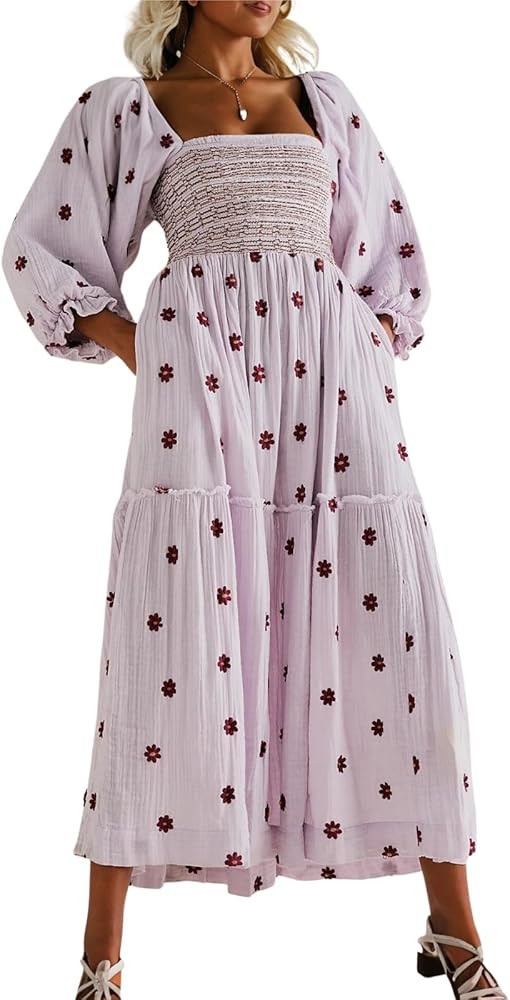 AnotherChill Women's Casual Embroidered Maxi Dress Floral Flowy Square Neck Dresses with Puff Sle... | Amazon (US)