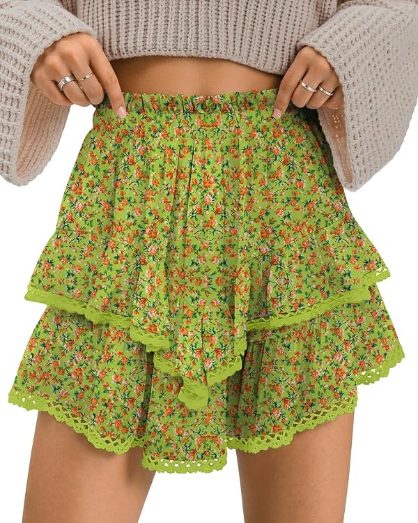 TARSE Womens Flowy Shorts High Waist Pleated Mini Skirts Casual Boho Ruffle Tiered Skorts Cute Ve... | Amazon (US)