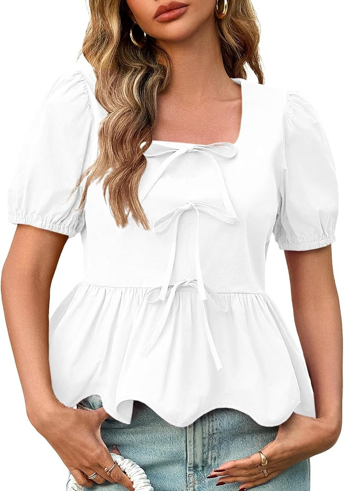 Tankaneo Womens Summer Peplum Babydoll Tops Square Neck Short Puff Sleeve Blouses Ruffle Cute Bow... | Amazon (US)