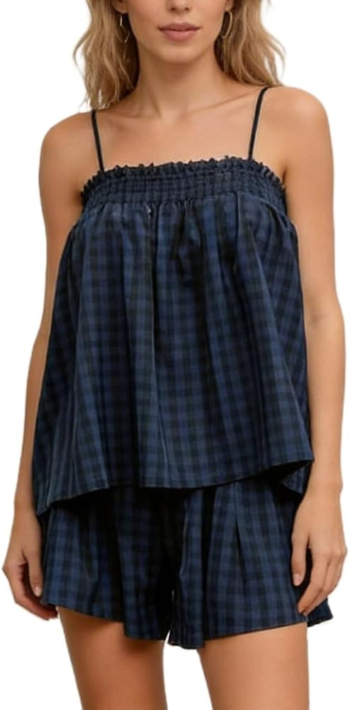 Lordree Women Striped Pajama Set Ruffle Hem Spaghetti Strap Cami Top Wide Leg Shorts Set Y2k 2 Pi... | Amazon (US)