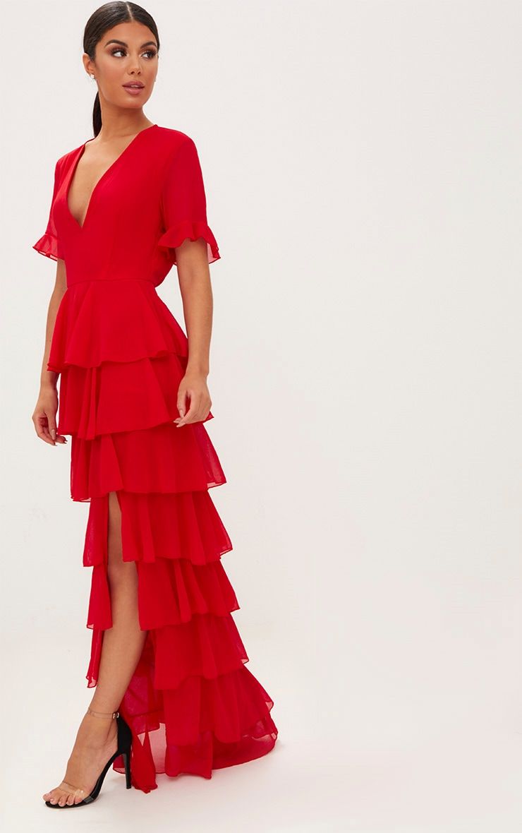 Red Chiffon Ruffle Layer Maxi Dress | PrettyLittleThing US