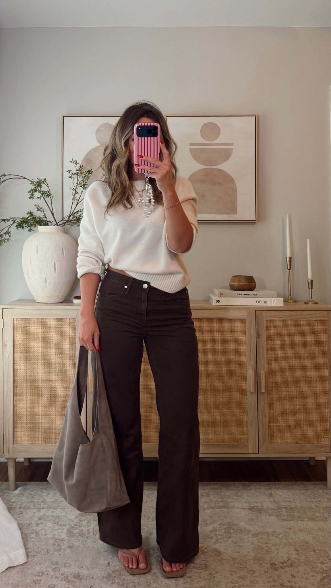 elevated casual fall outfit 🤎 these brown pants are so chic— they’re stretchy, comfortable and have zero waist gap. love the dark color for fall. i’m in a size 27 long. size M sweater. fall outfit, quince @Quince

#LTKootd