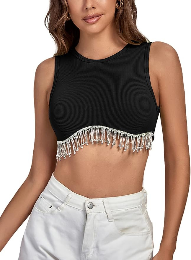 Rooscier Women's Ribbed Rhinestone String Sleeveless Crewneck Clubwear Crop Top | Amazon (US)