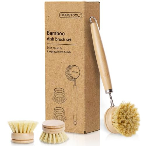 DEBETOOL Bamboo Pot Dish Brush,3 Pack Natural Wooden Scrub Brush with Sisal Fiber,Suitable for Dishes,Pans,Pot and Other Utensils-Sustainable,Kitchen Cleaning Brush with 2 Replacement Brush Heads | Amazon (US)