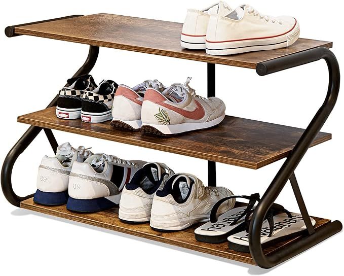 Aroktake 3-Tier Shoe Rack, Z-Frame Wooden Shoe Shelf with Durable Metal Shelves for Hallway, Livi... | Amazon (US)