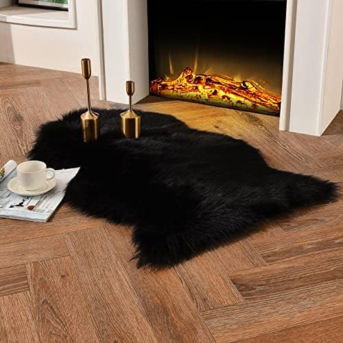duduta Black Faux Sheepskin Fur Throw Rug 2x3 ft, Fluffy Shag Chair Cover Small Bedside Dorm Rug ... | Amazon (US)