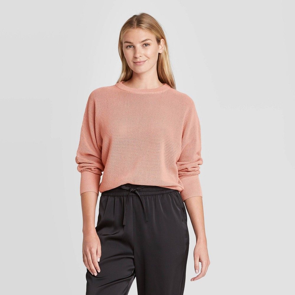 Women's Crewneck Mesh Pullover Sweater - Prologue Coral M, Pink | Target