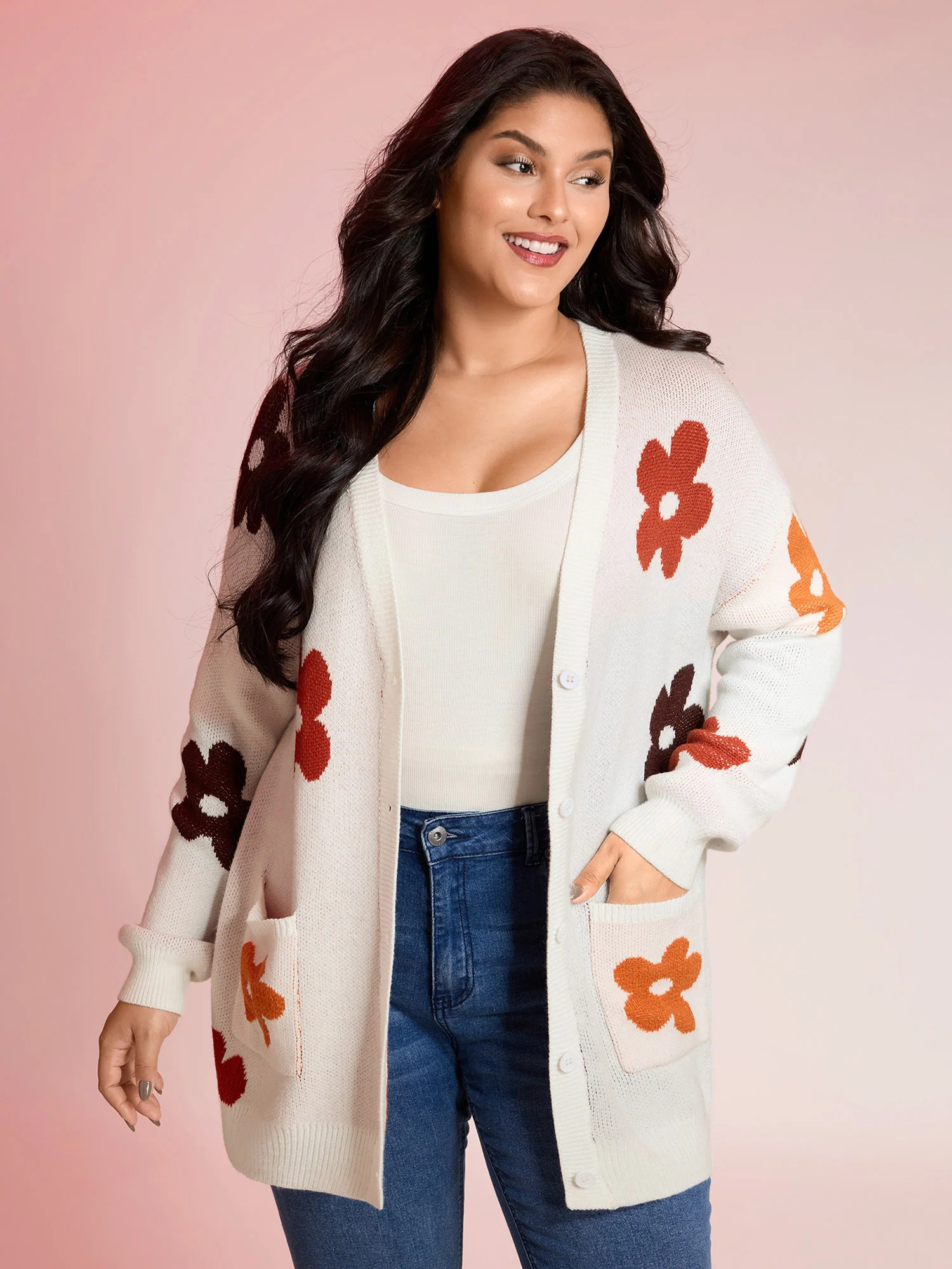 Floral Print Pockets Button-Front Knit Cardigan | Bloomchic