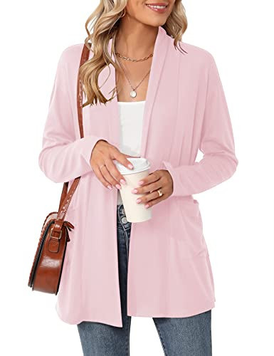 Long Sleeve Open Front Lightweight Cardigan Sweaters with Pockets Summer Spring Casual Loose Kimono Cardigans Light Pink L | Amazon (US)