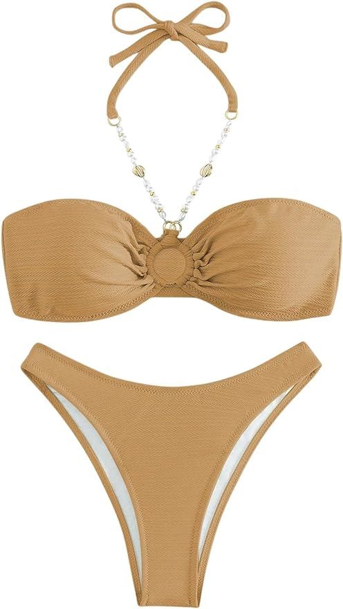 COZYEASE Women's 2 Piece Ring Linked Ruched Bust Pearls Chain Halter Wireless Swimsuit Bikini Set | Amazon (US)
