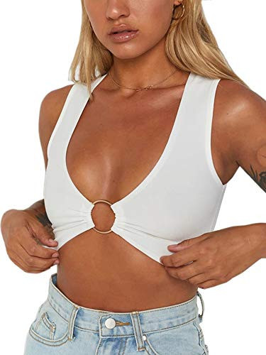 Crop Tops for Women Plunging Neckline Crop Top with Silver Ring Centrepiece (XXS, White Crop top) | Amazon (US)