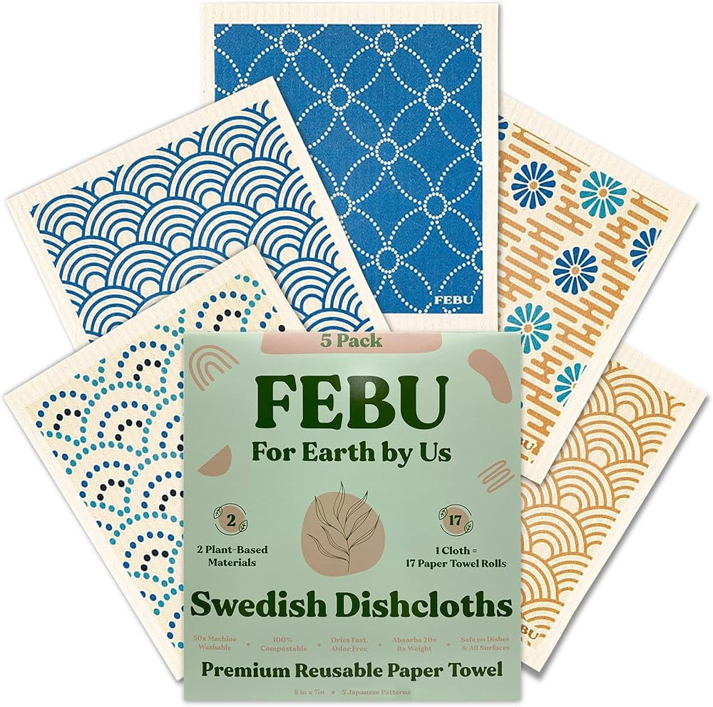 FEBU Reusable Paper Towels Washable | 5 Pack Japanese Pattern Swedish Dish Towels | Swedish Dishc... | Amazon (US)