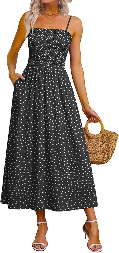 OFEEFAN Womens Spaghetti Strap Maxi Dresses Smocked with Pockets 2026 Summer Spring Casual Boho B... | Amazon (US)
