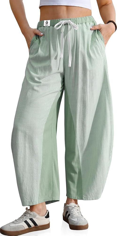 TARSE Womens Wide Leg Barrel Pants Striped Drawstring Elastic Waist Loose Fit Summer Boho Casual ... | Amazon (US)