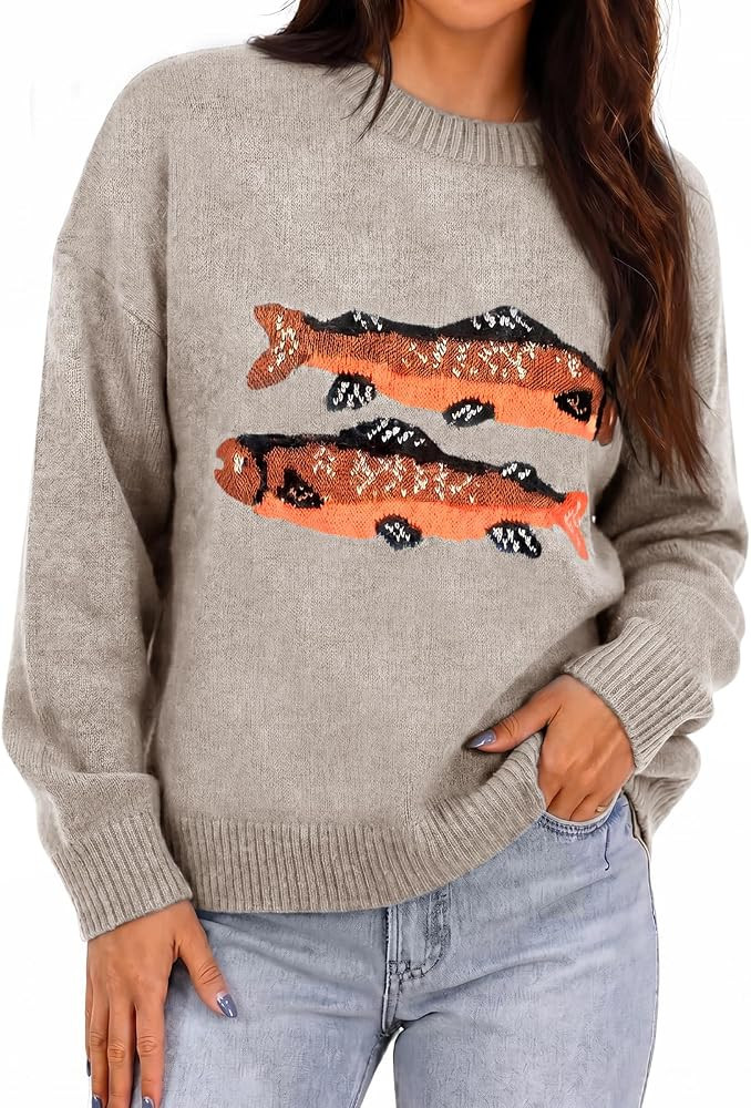 Womens Fish Graphic Sweater Long Sleeve Knit Crew Neck Pullover | Amazon (US)